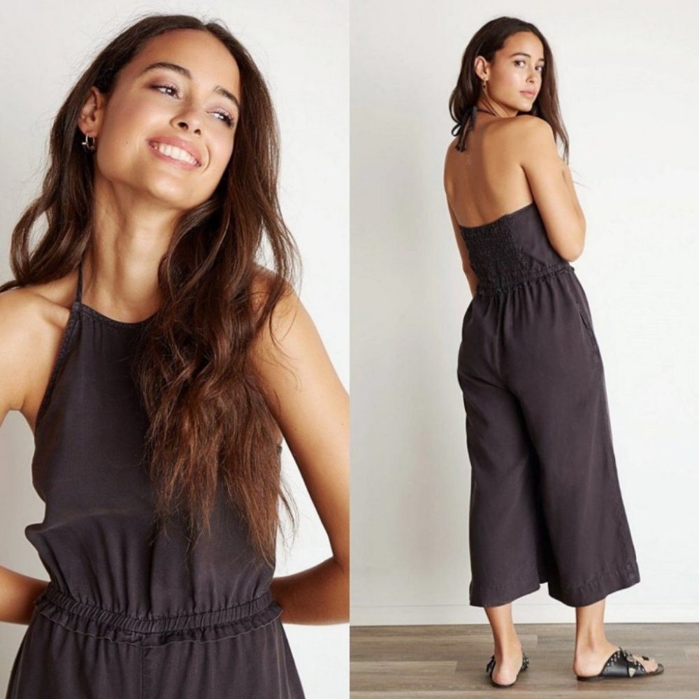 NWT Bella Dahl Smocked Back Halter Jumpsuit‎ Carbon Grey Size XS Wide Leg Tencel